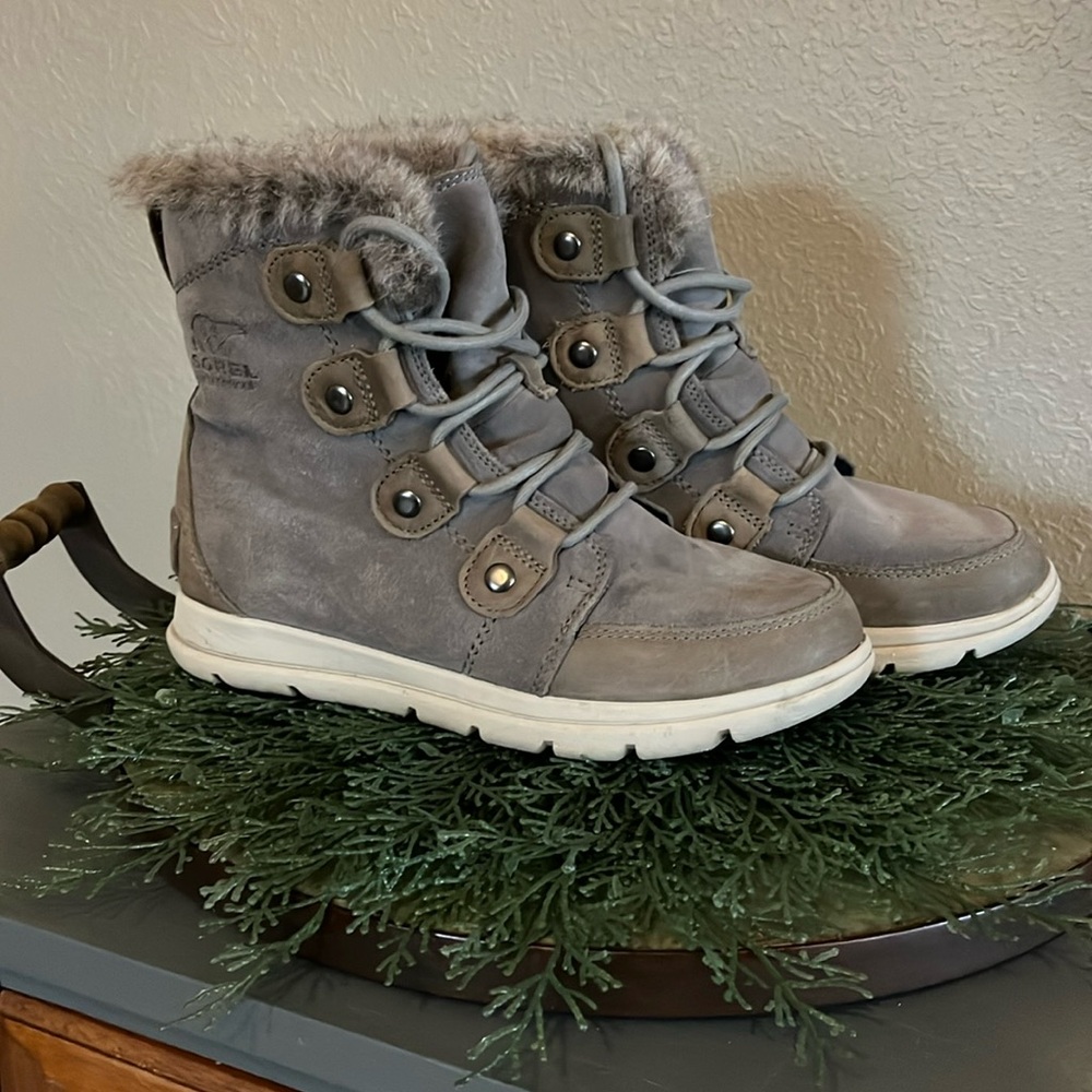 Sorel Charcoal Lace-Up Ankle Boots with Faux Fur